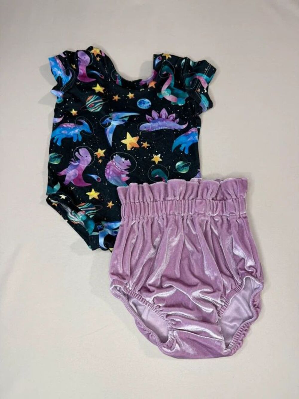 Boutique Space Dinosaur Leotard & Velvet Bummies Set Purple Pink 2T